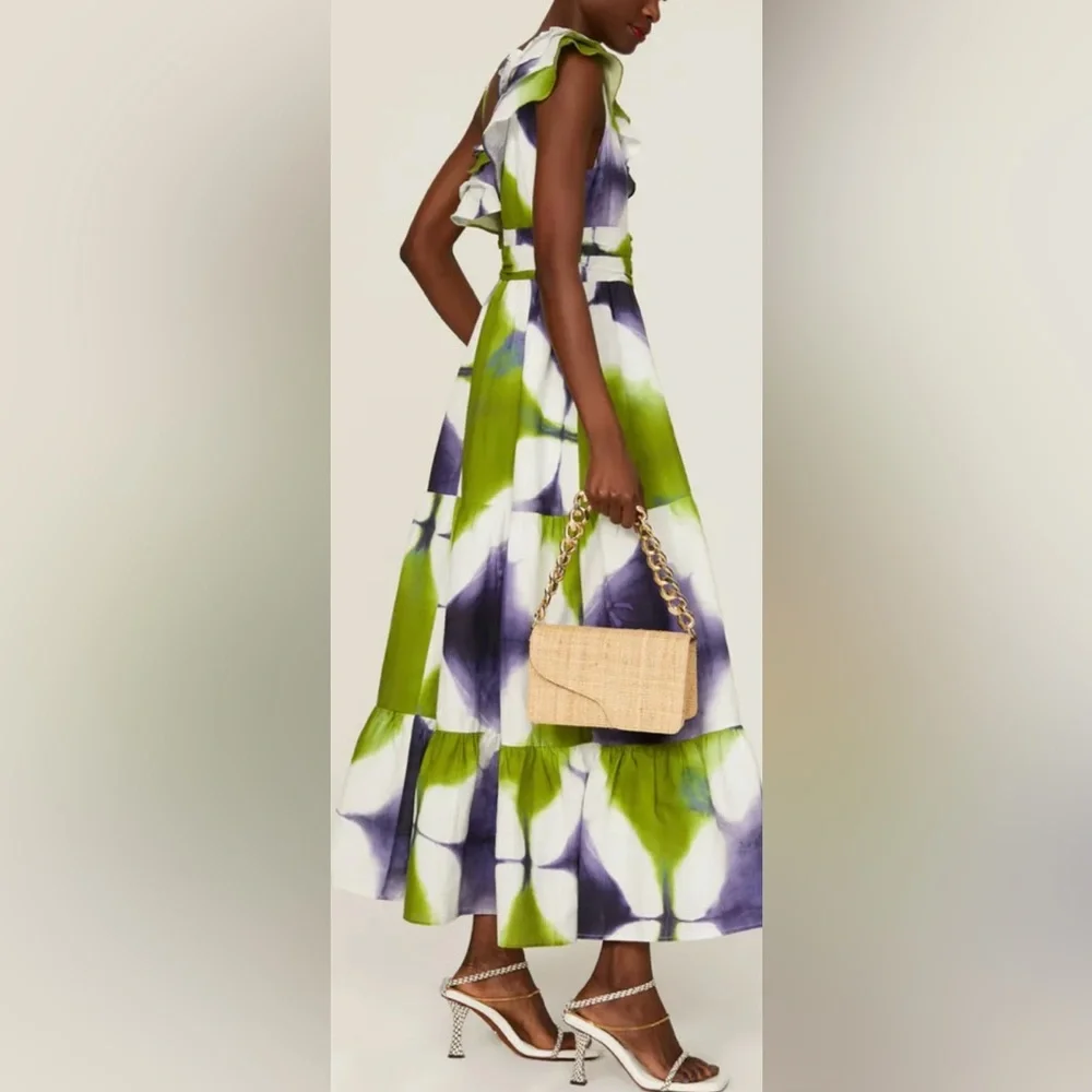Busayo Collective Ruffle maxi dress patterned in Green and Blue tie-dye. Size 6 - Picture 4 of 10